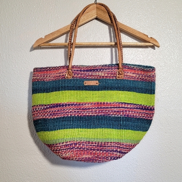 Handmade Handbags - Handmade Sisal Fiber Leather Handle Tote bag Striped Colorful Purple Pink Green